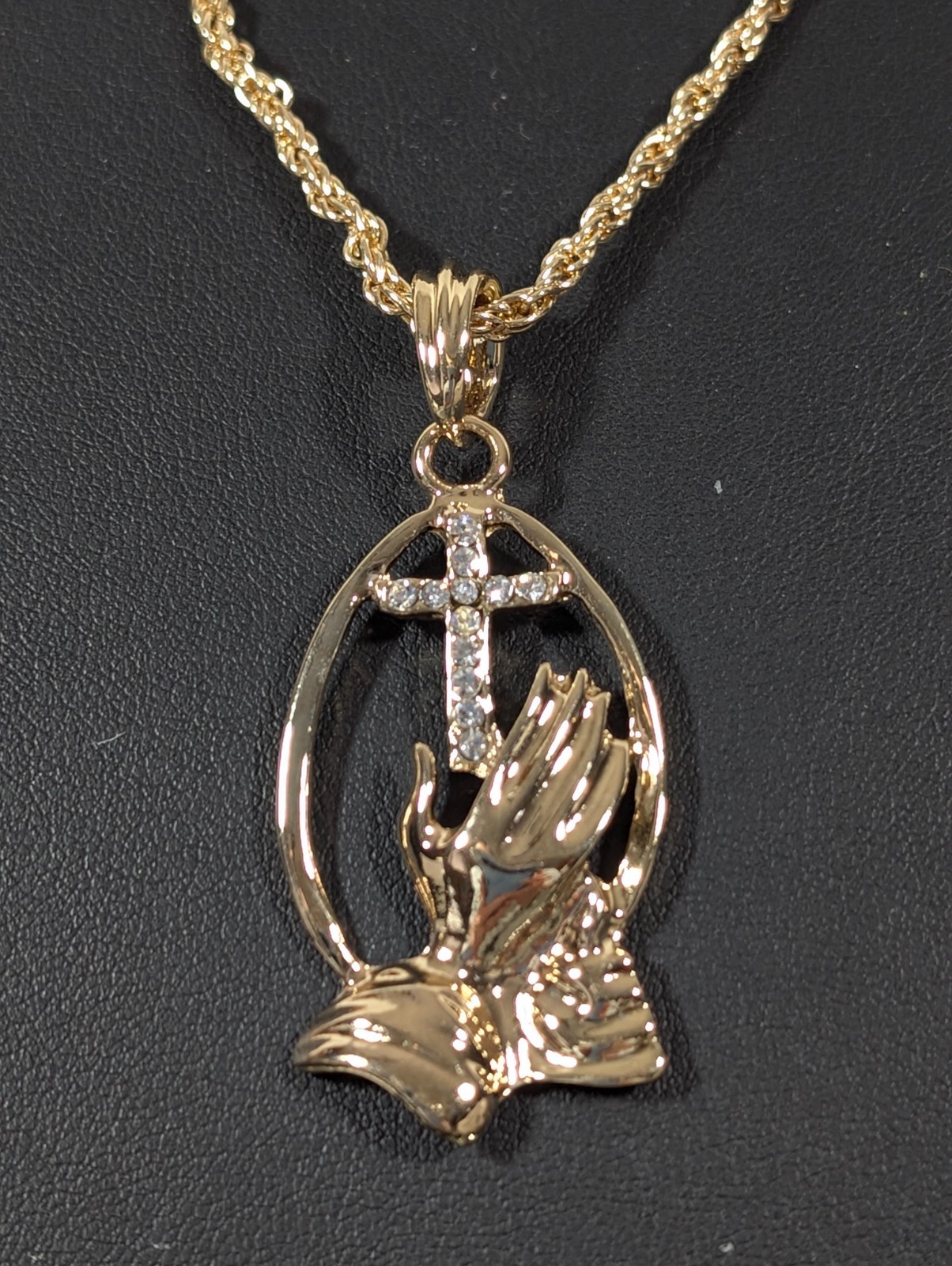 Gold Tone Praying Hands Rhinestone Cross Pendant Necklace Faith Inspirational