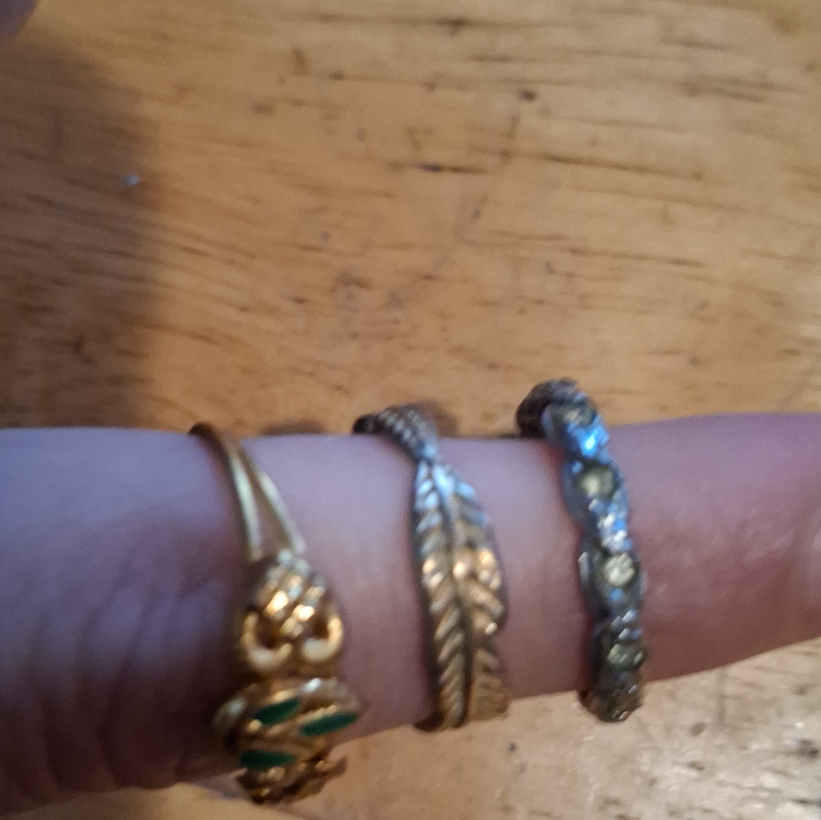 Lot of 3 Rings Size 7 Gold & Silver Tone Band, Leaf Design + Green Accent