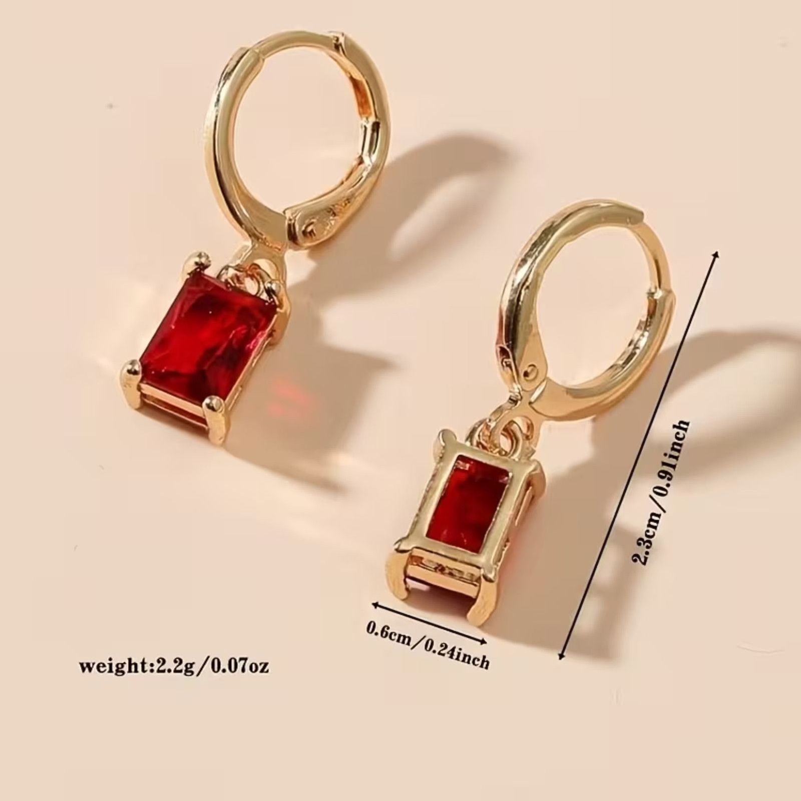 Red Emerald Cut Zirconia Crystal Drop Earrings Gold Hoop Dangle Gemstone Pendant