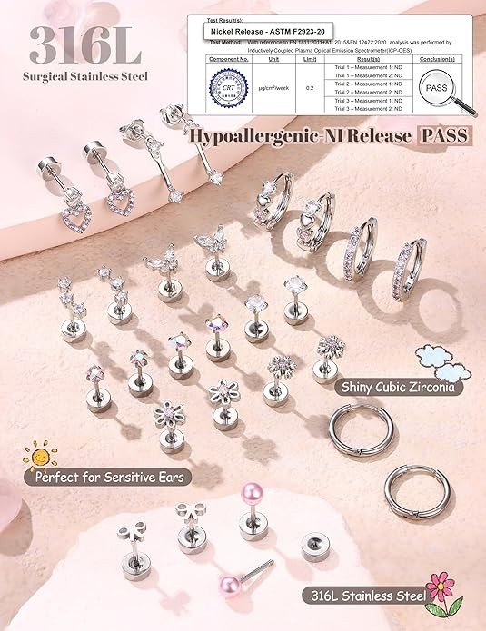 Flat Back Earrings Set Gift for Best Friend Surgical Steel Cartilage Stud Hoop