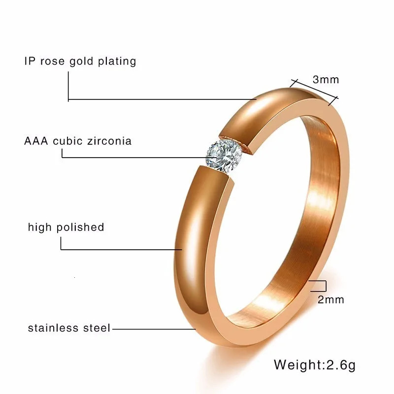 Stainless Steel Ring Simulated Zirconia 3mm Thin Solitaire Engagement Jewelry