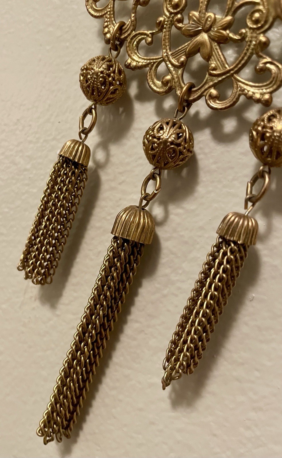 Unique Gold Tone Filigree Medallion Pendant Necklace w Tassel Fringe Boho 24”