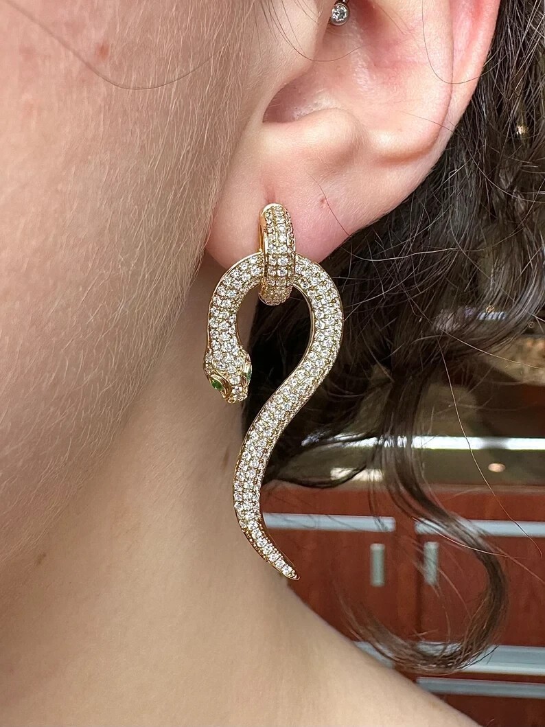 2.30 Ct Round Cut Simulated Diamond Snake Dangle Earrings 14k Yellow Gold Plated