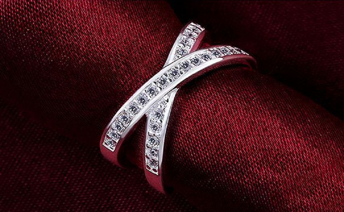 Pave 1.0 Ct CZ Silver SP Cross X Shape Engagement Wedding Ring