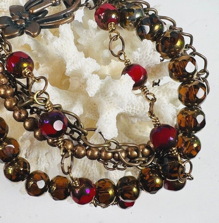 Crystal Antique Copper Red Bracelet 5 Strand Flower Fastener Handmade