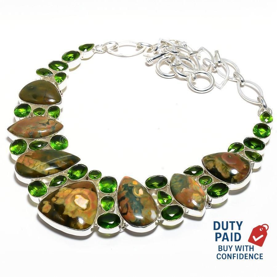rainforest jasper Engagement Vitange Birthday Bezel Set Wife Necklace 925 Silver