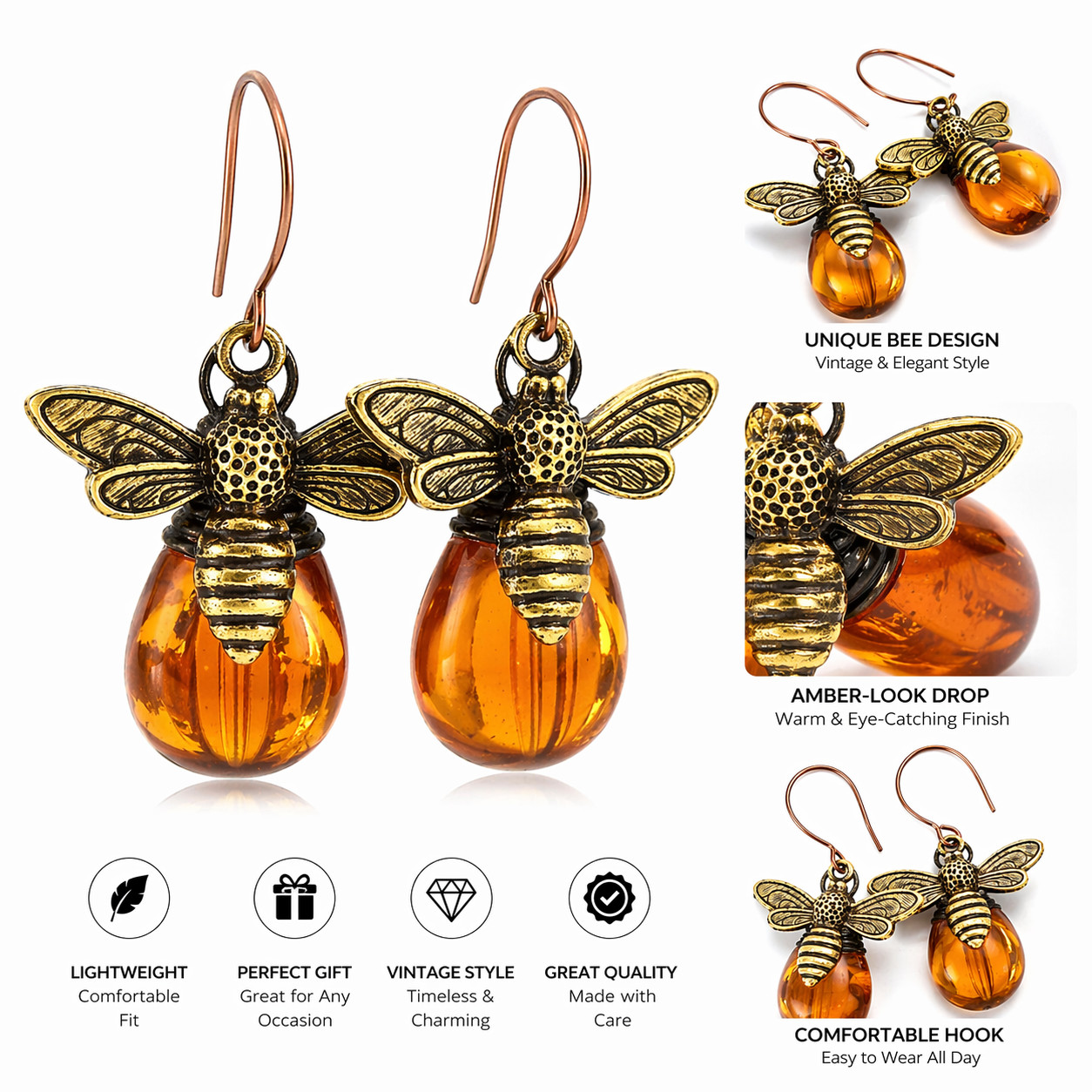 Amber Honey Bee Earrings Gold Drop Dangle Vintage Boho Gift for Women