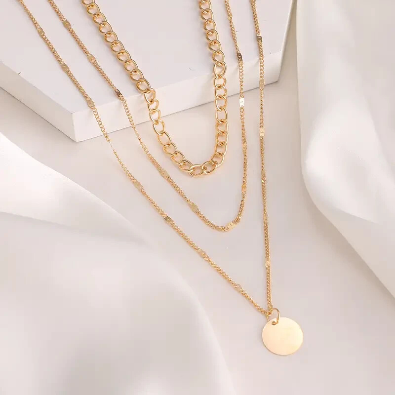 Gold Women 3 Three Layered Choker Pendnat Necklace Fashion Jewelry – Party
