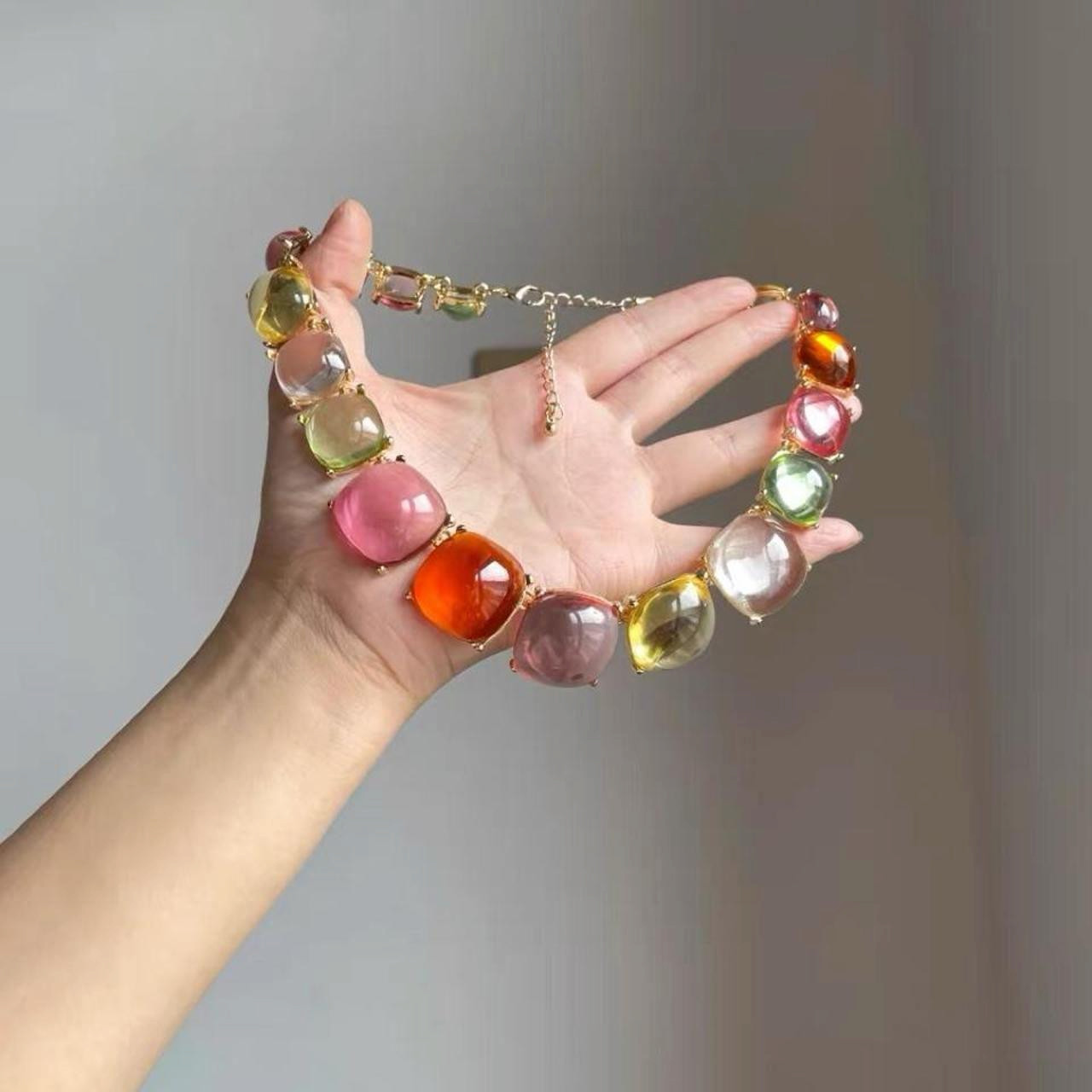 Gold Tone Multi-Color Candy Cabochon Statement Necklace