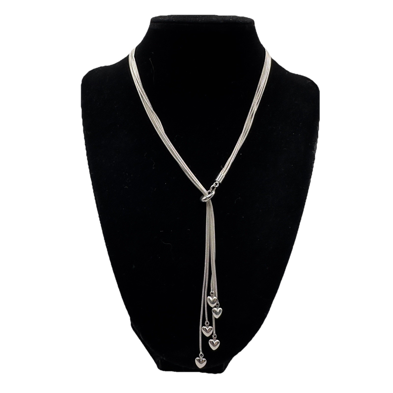 Silver Tone Lariat Necklace 5 Strand Snake Chain Heart Y Drop 16” Fashion