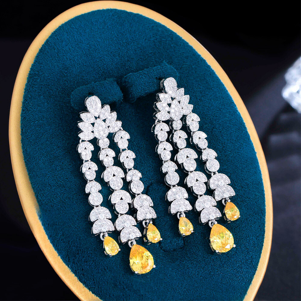 Bold White Gold Plated Yellow CZ Long Chandelier Dangle Drop Earrings for Women