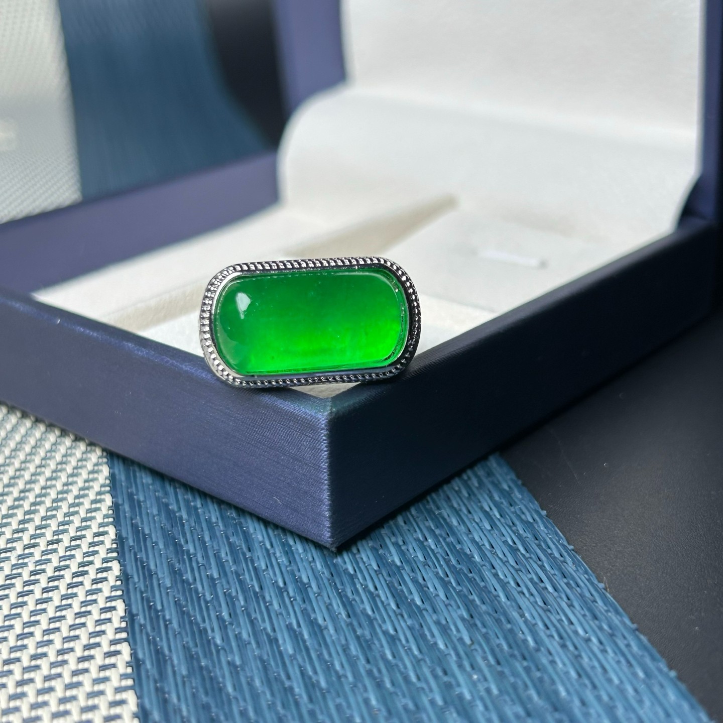 Luckly inlay Natural ice green Burmese Jade jadeite adjustable amulet rings