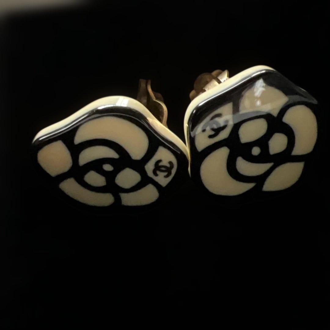 CHANEL Camellia Coco Mark Icon Earrings White & Black Clip-on Women’s Jewelry