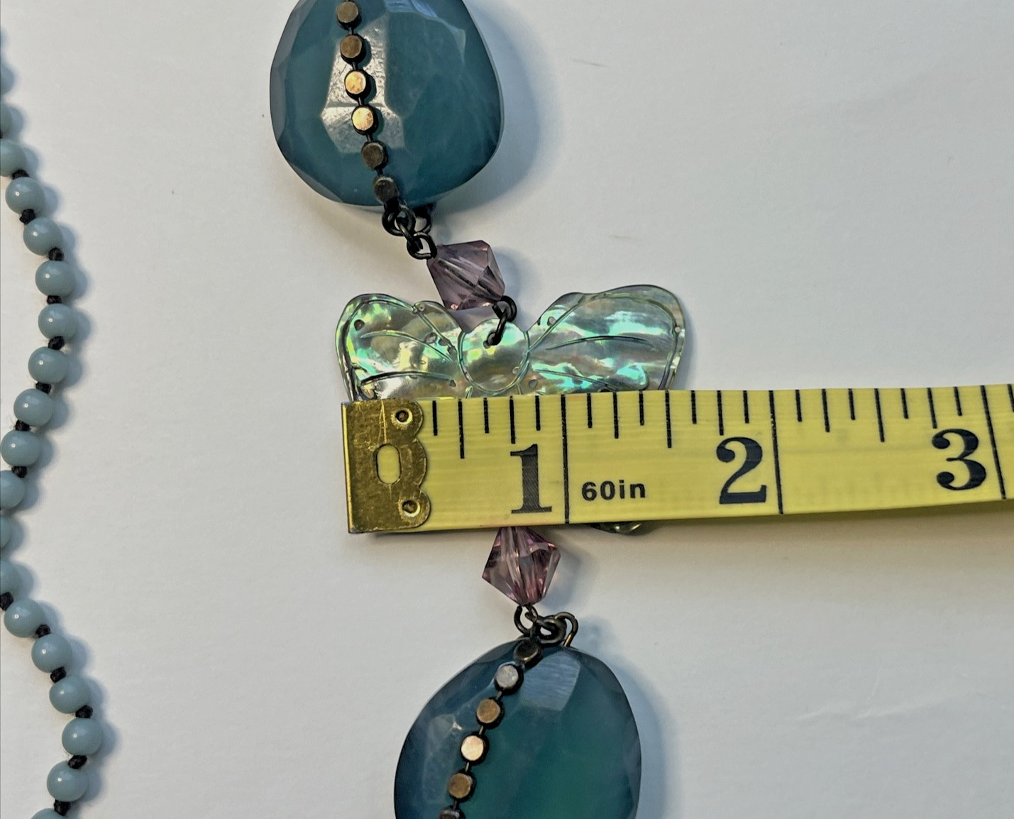 COLDWATER CREEK COPPER COLOR METAL ACRYLIC BLUE & LILAC BEADS BUTTERFLY NECKLACE