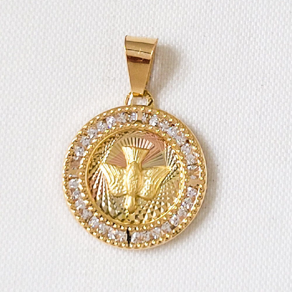 16mm 14K Yellow Gold CZ Stones Holy Spirit Dove Pendant Charm, 0.8mm Cable Chain