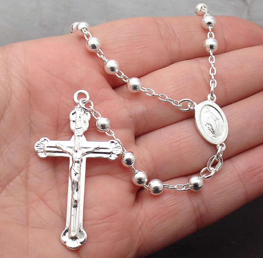 24″ 5mm Polished Solid Rosary Rosario Chain Necklace Real 925 Sterling Silver