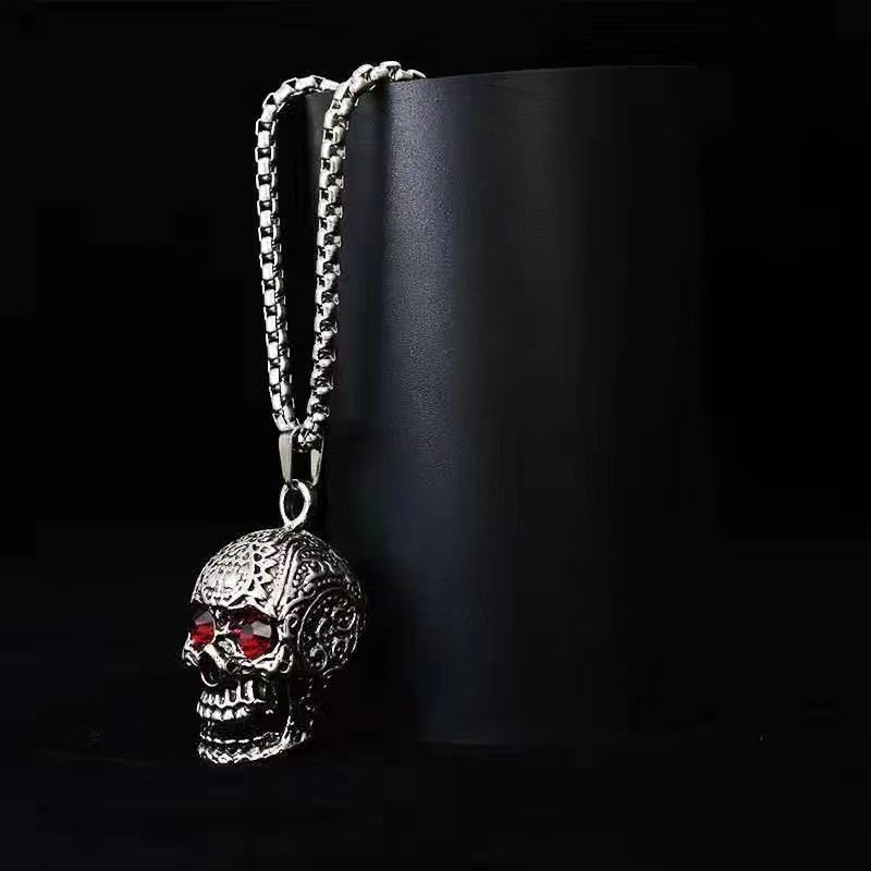 Men’s Skull Pendant Necklace Red Eye Gothic Punk Halloween Jewelry Biker Vintage