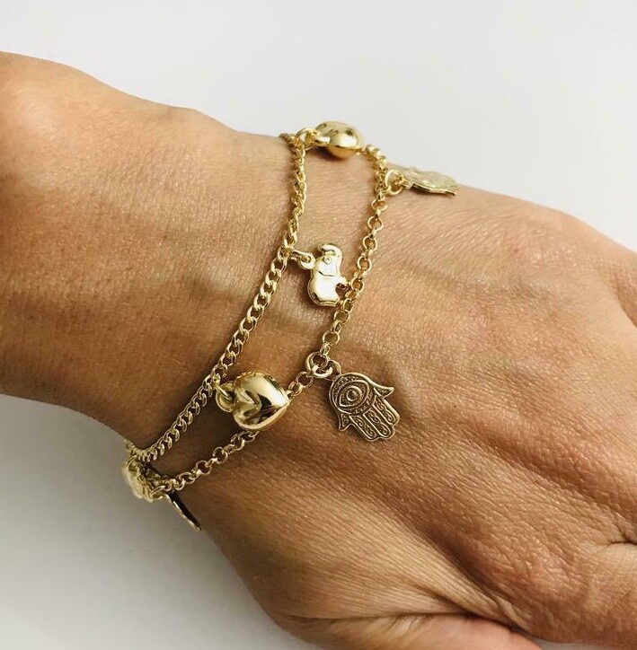 14k Gold Plated Hamsa,Elephant,Heart Bracelet 7.25″/ Pulsera Suerte,Amor – B123