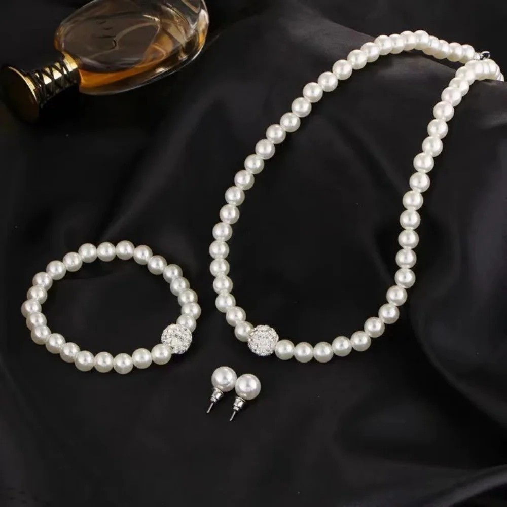 3Pcs Imitation White Pearl Necklace Bracelet Earrings Jewelry Set For Woman