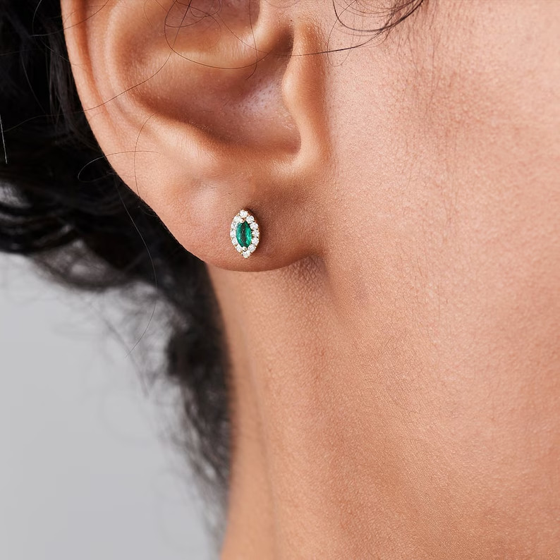 2.29 Ct Marquise Cut Simulated Emerald Halo Stud Earrings 14k Yellow Gold Plated