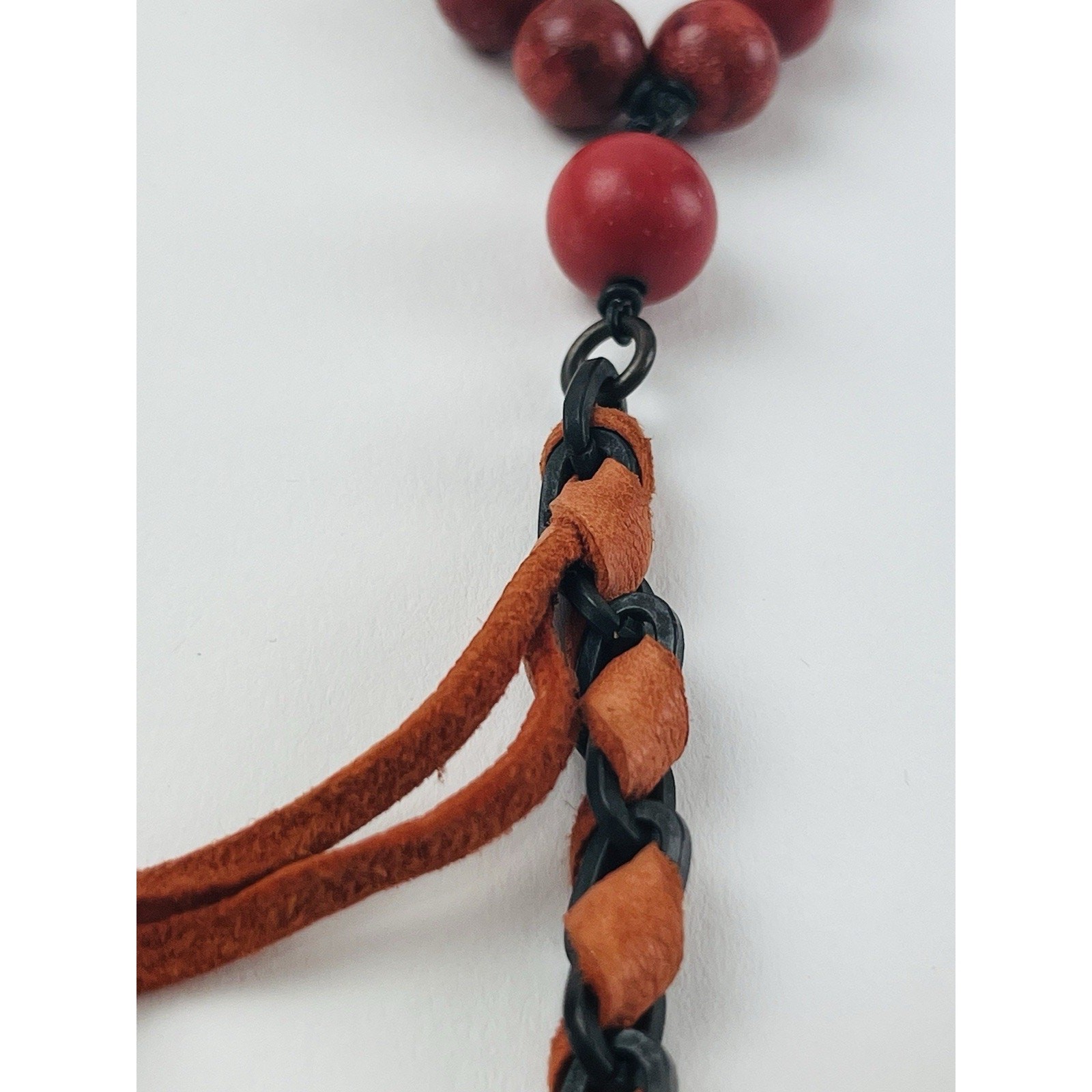 Annie Costello Brown necklace Orange Suede Leather Beaded Twisted Lariat Y Drop