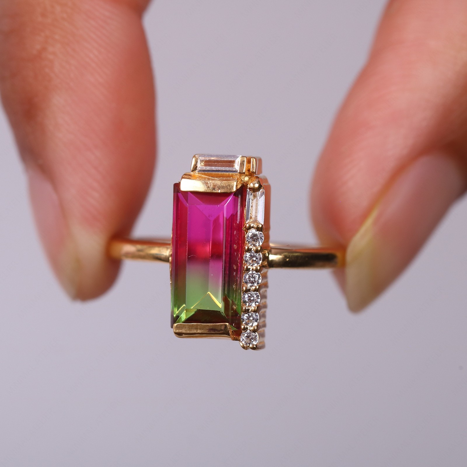 Baguette Cut Watermelon Tourmaline Engagement Art Deco Ring, Antique Jewelry