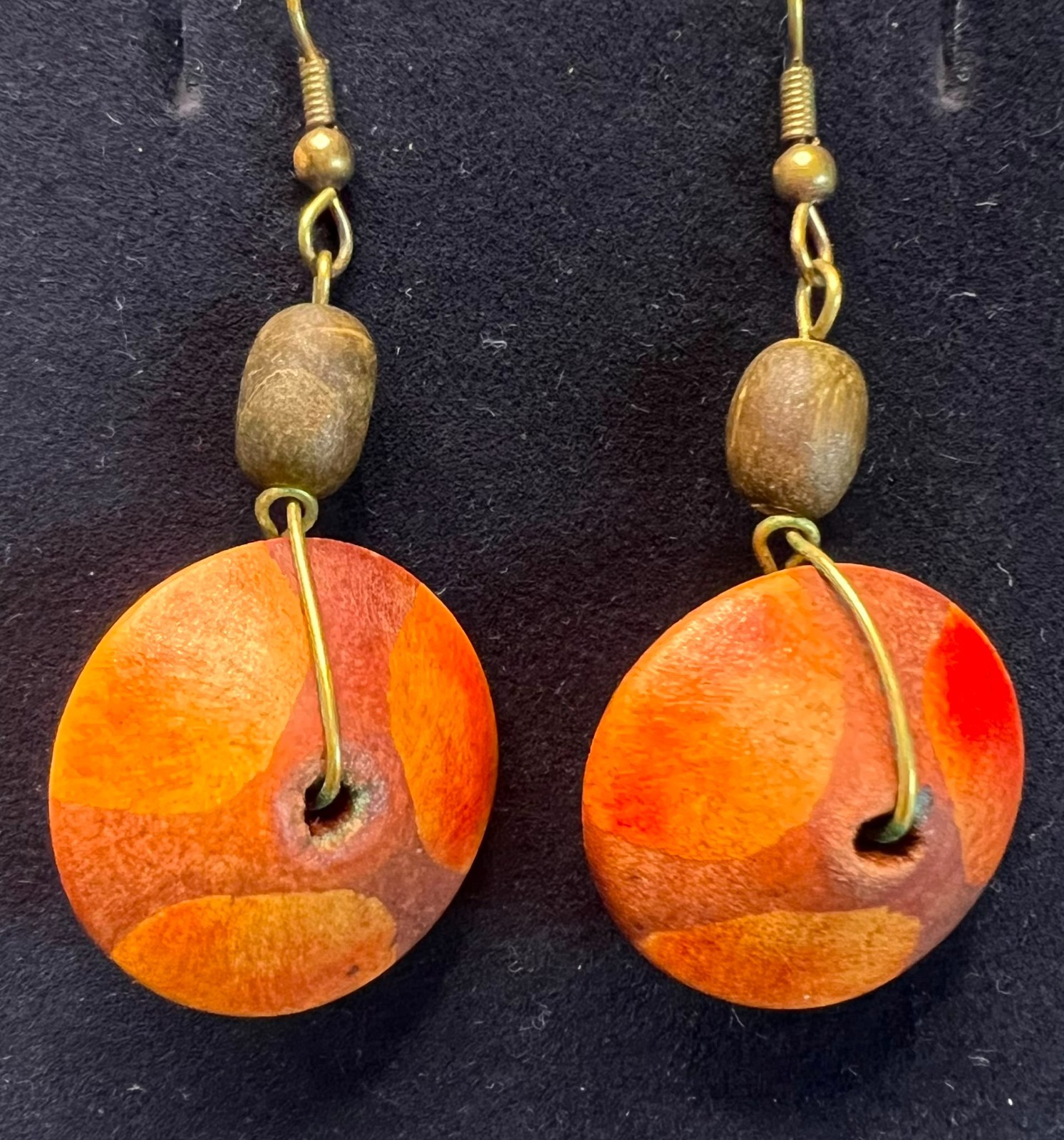 Vintage Avalaya Wooden Coin Dangle Earrings Orange Brown Boho Statement 5cm Hand