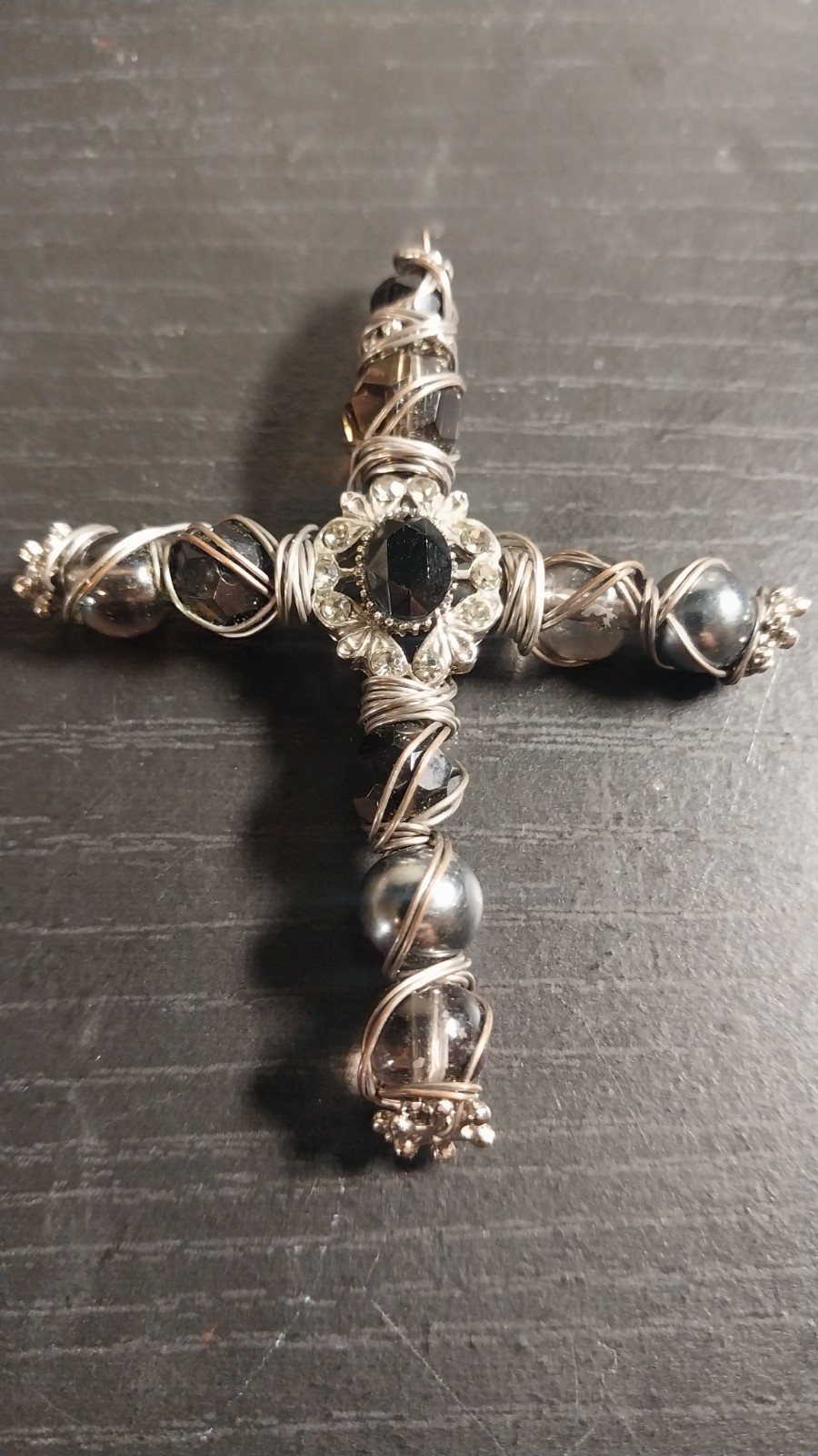Wire Wrapped Black Gray Beaded Silver Tone Cross Pendant
