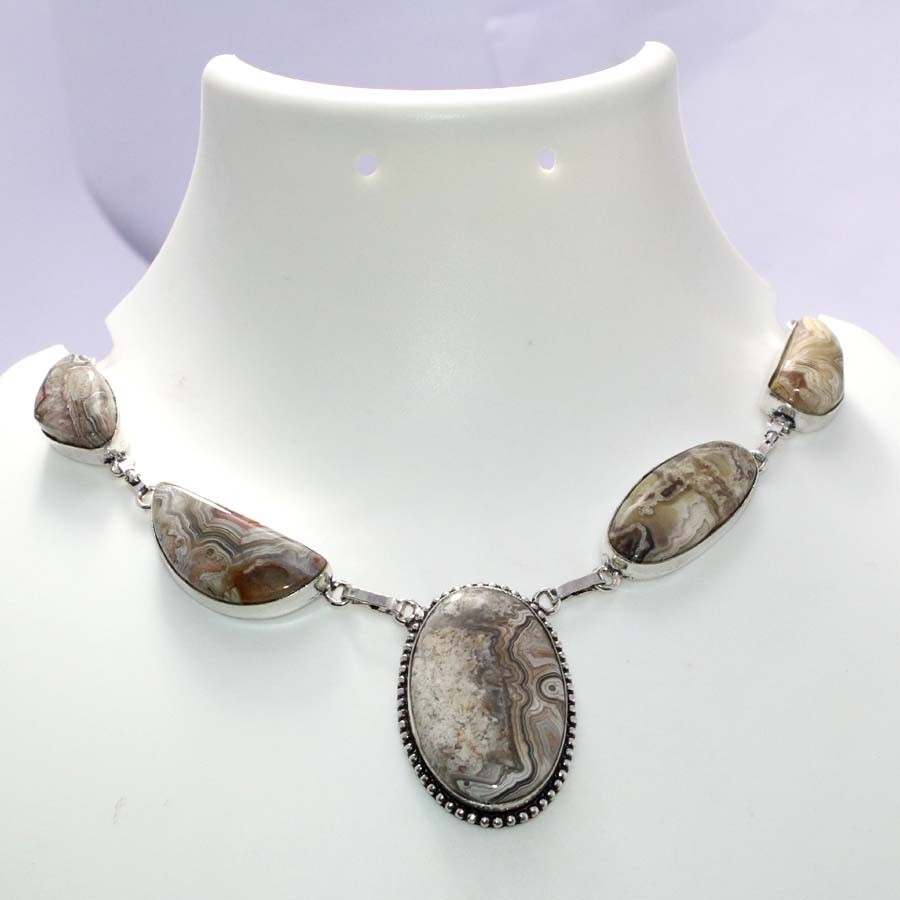 Lovely Mexican Laguna Lace 925 Silver Plated Necklace 19″ Gemstone Jewelry JW