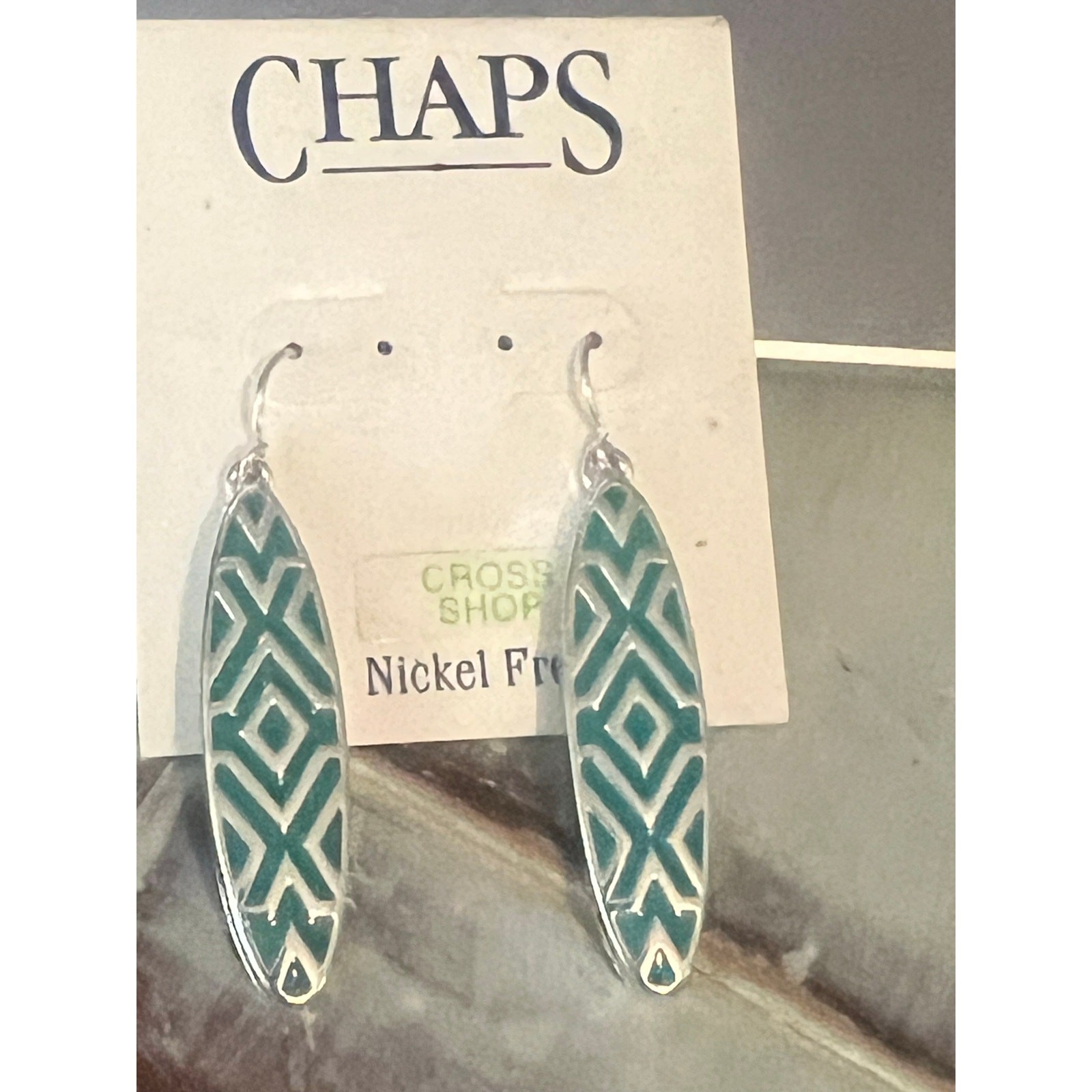 NWT Chaps Nickle Free Dangling Earrings Chrome & Teal Oval Shaped Tribal Design