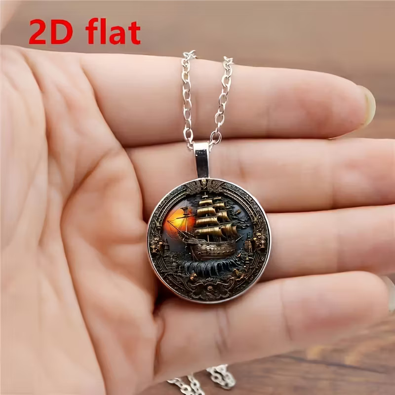 Sailing Ship Round Necklace Jewelry Nautical Corsair Boat Pendant