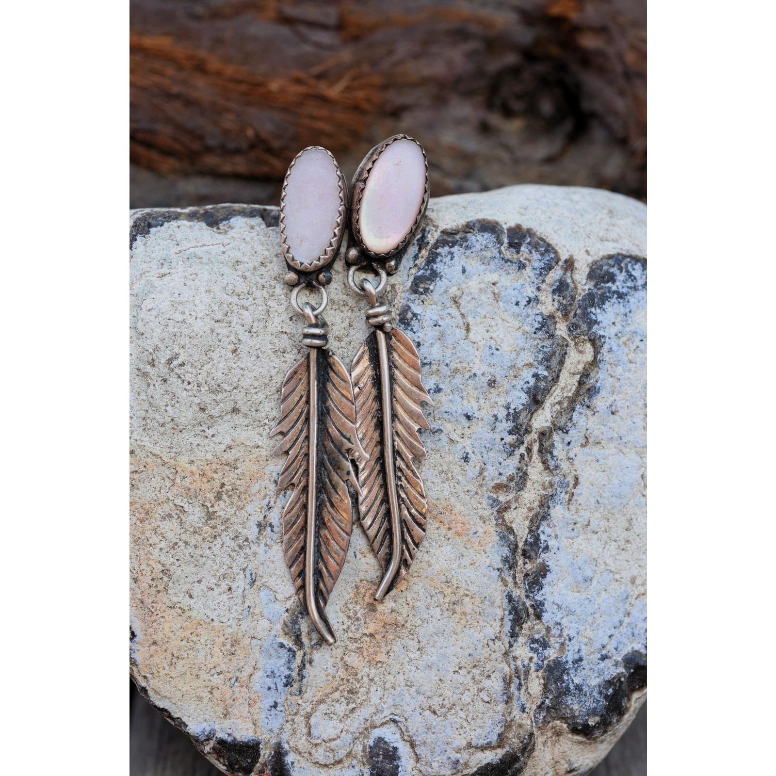 Silver Feather Earrings, Southwest Style Dangle Drops,Pink Cabochon Hand Stamped