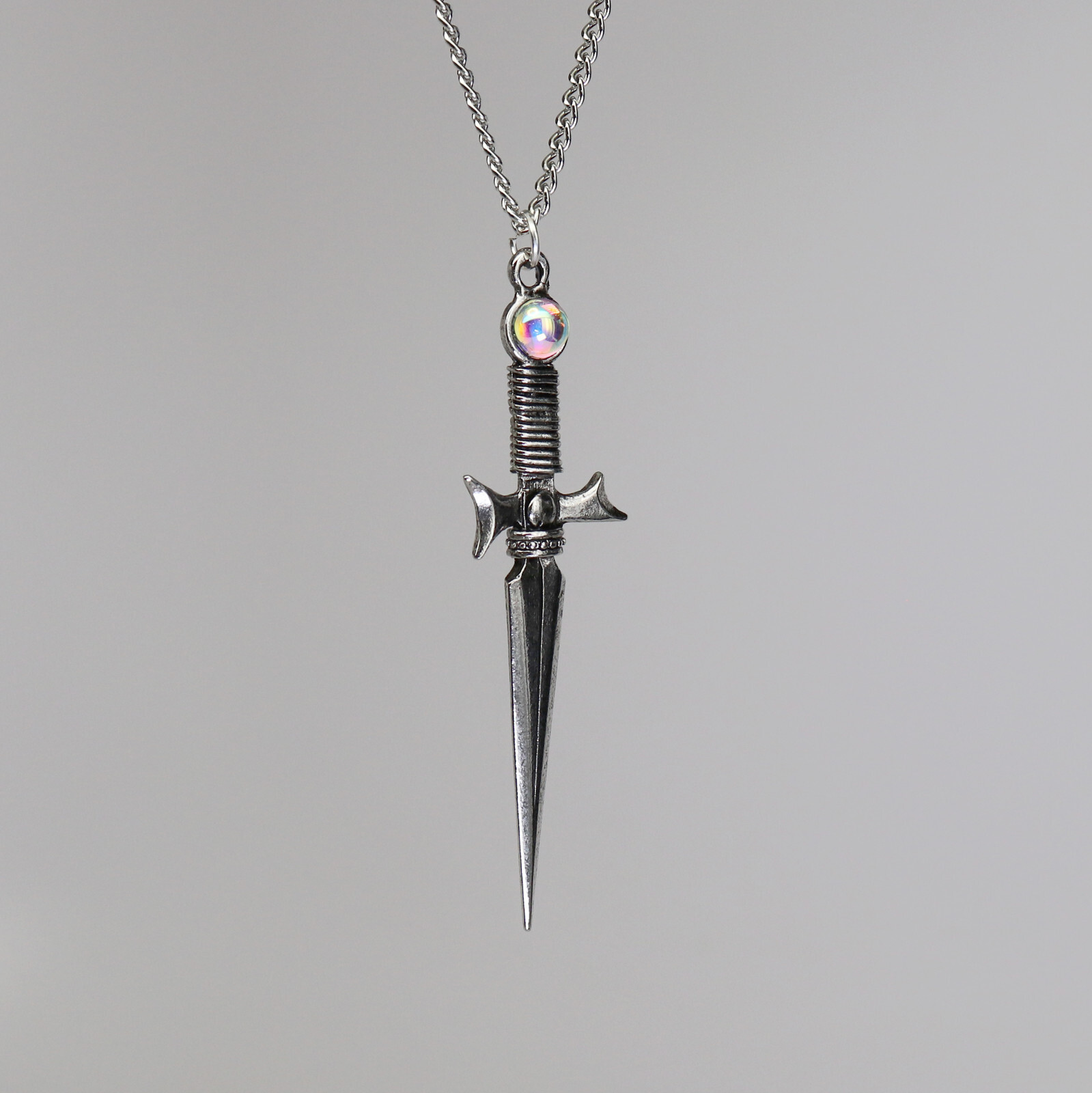 Silver Finish Sword with Red Aurora Borealis Stone Pendant Necklace NK-338