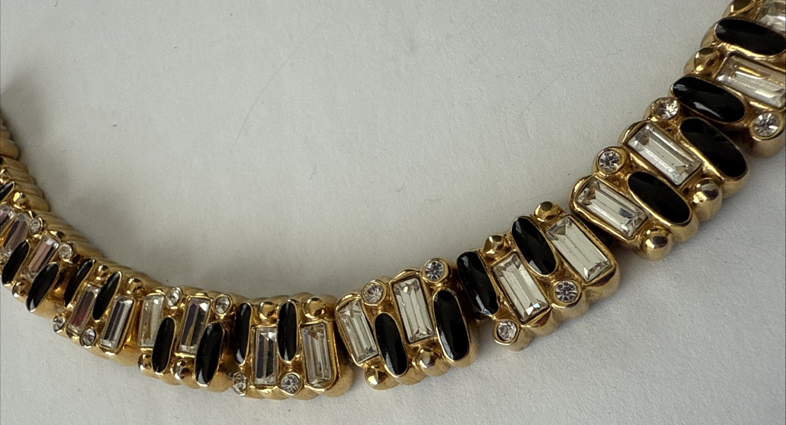 St. John Couture Bracelet Gold Tone Black Enameled & Rhinestone Baguettes 7.75”