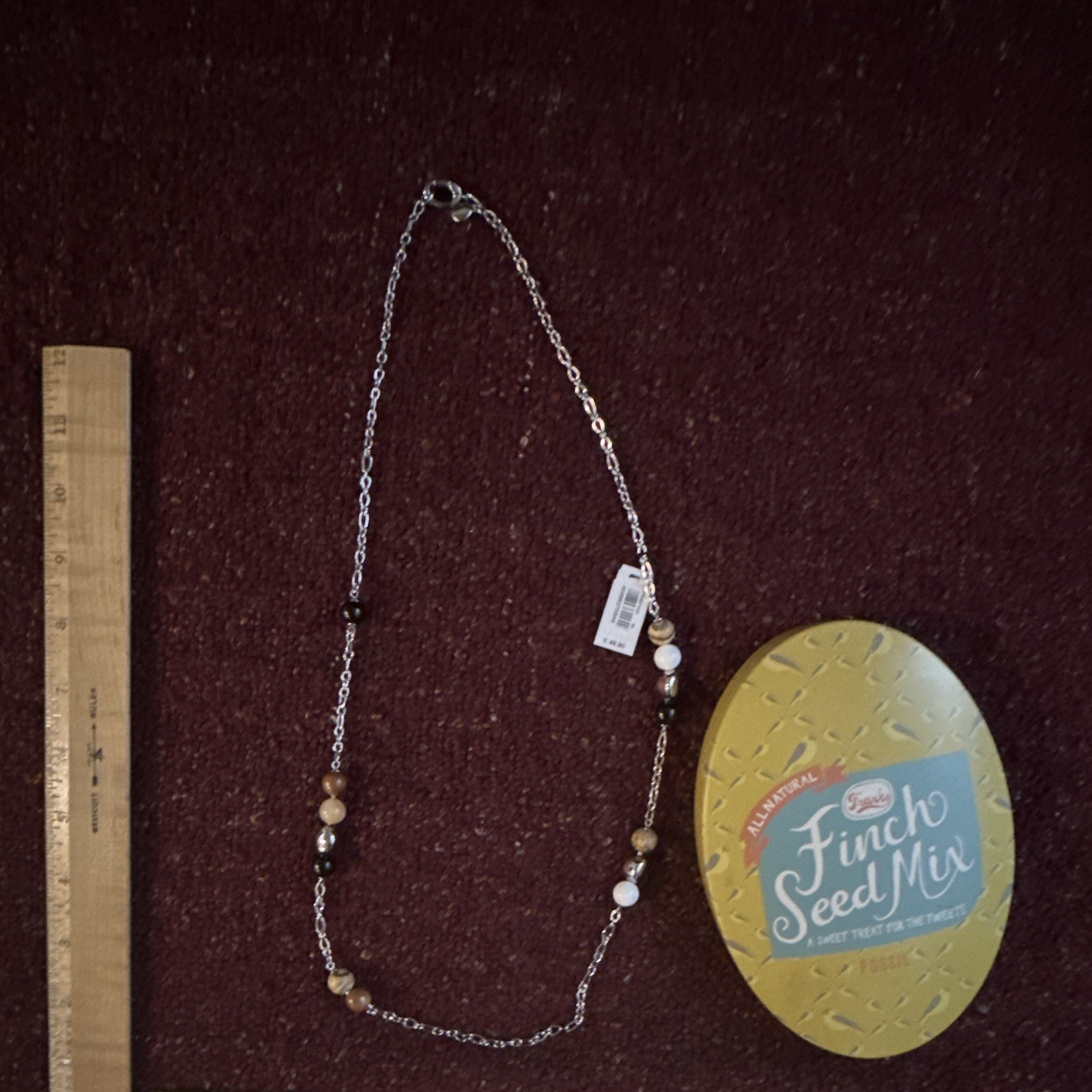 Fossil Signed Silver-Tone Cable Chain Beaded Necklace w/ Lobster Clasp