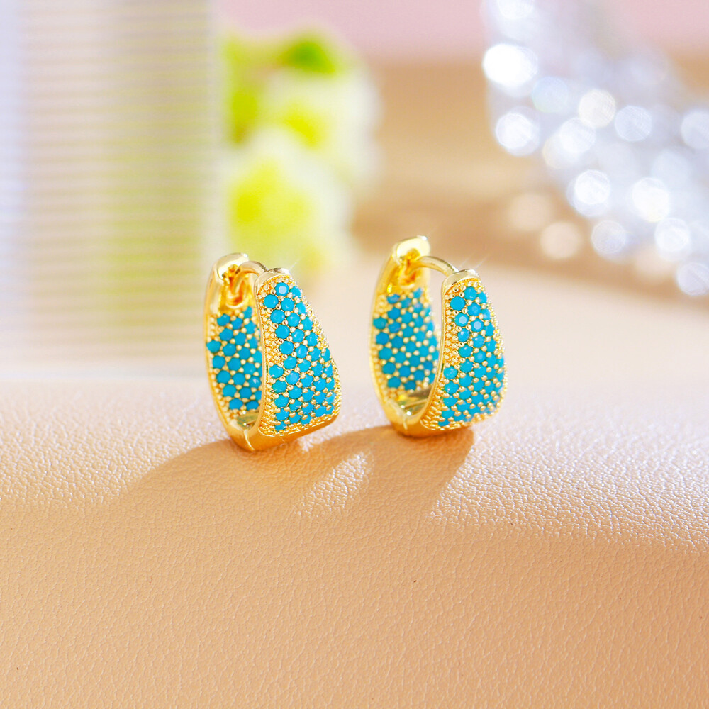 16mm Blue Round Turquoise Paved Small Hoop Earrings Gold Plated Women Party Gift
