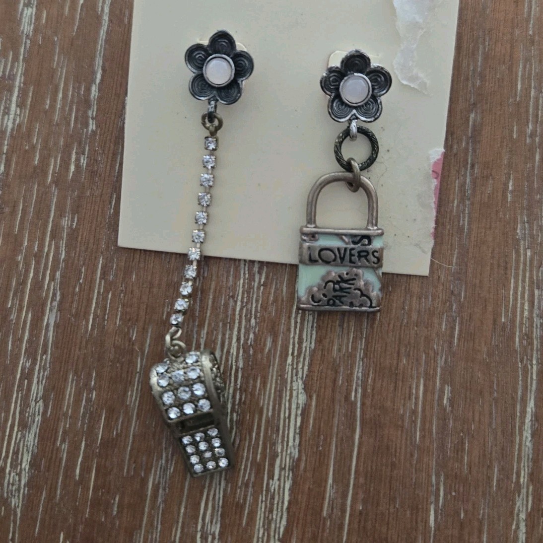 Betsey Johnson Lock Whistle Mismatched Dangle Drop Earrings Metal Authentic