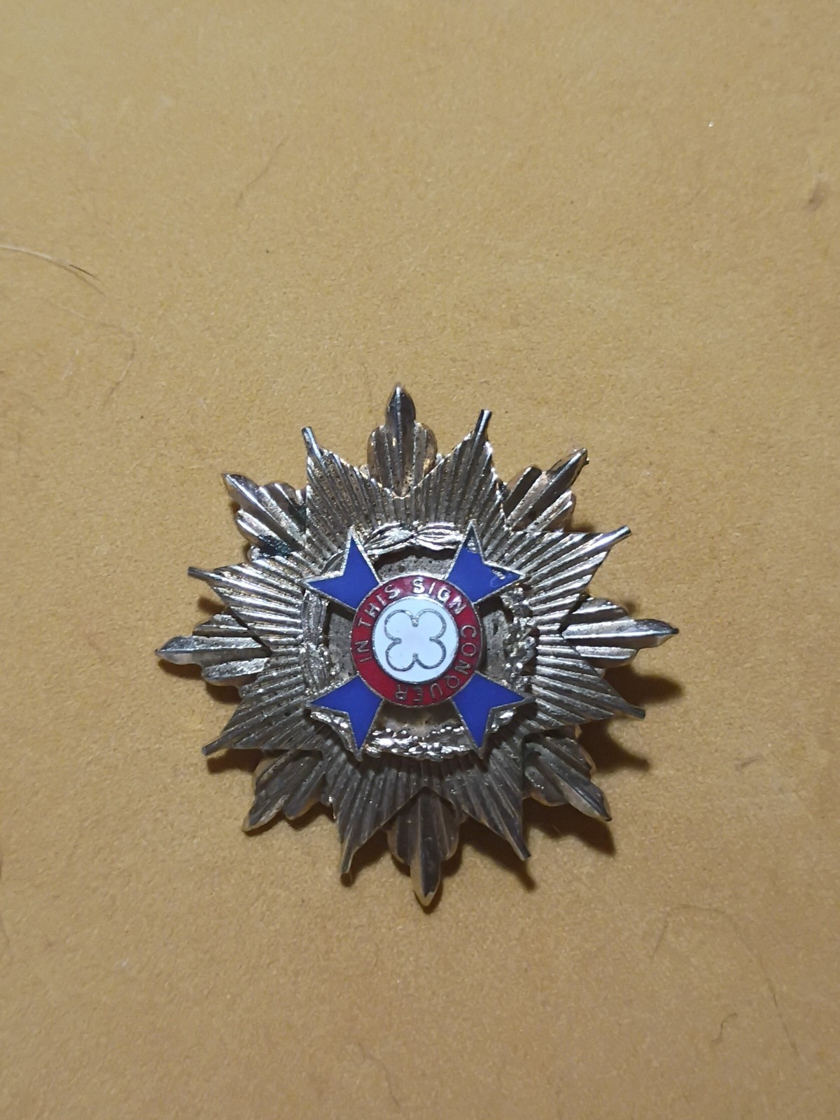 Breast Star Pin Great Britain” In This Sign Conquer” Gold Tone Vintage