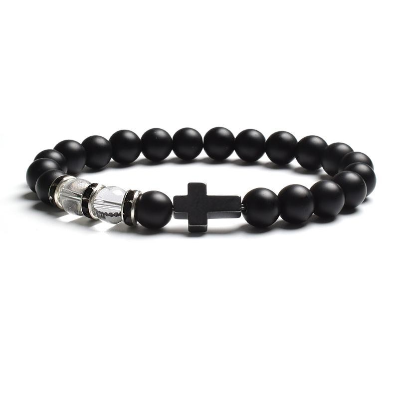 Tiger Eye & Black Agate Beaded Bracelet Men Women Elastic Cross Faith Jewelry
