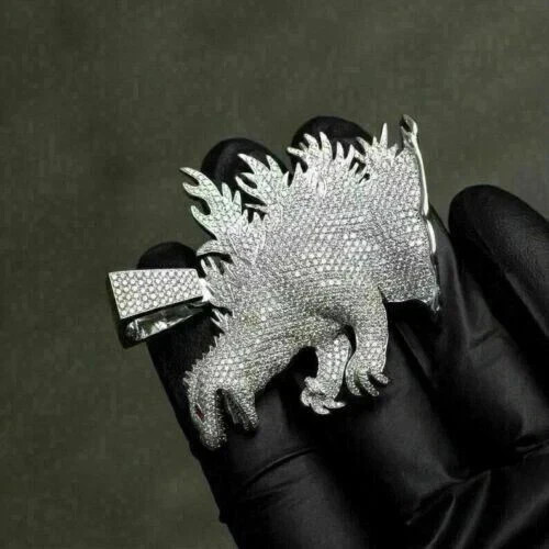 3Ct Round Cut Simulated Diamond Godzilla Men’s Pendant 14K White Gold Plated