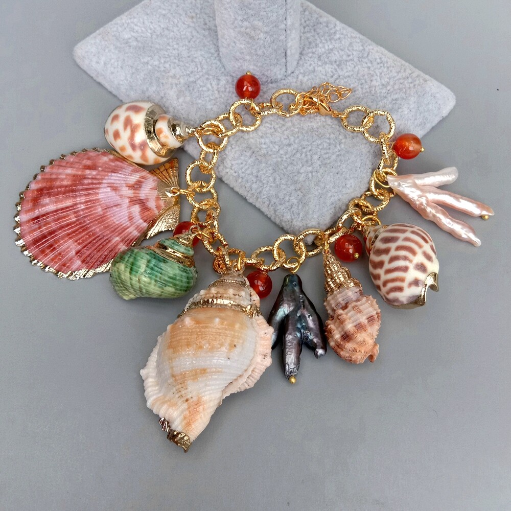 8″ Multi Sea Shell Pearl Chain Bracelet Summer Beach Jewelry