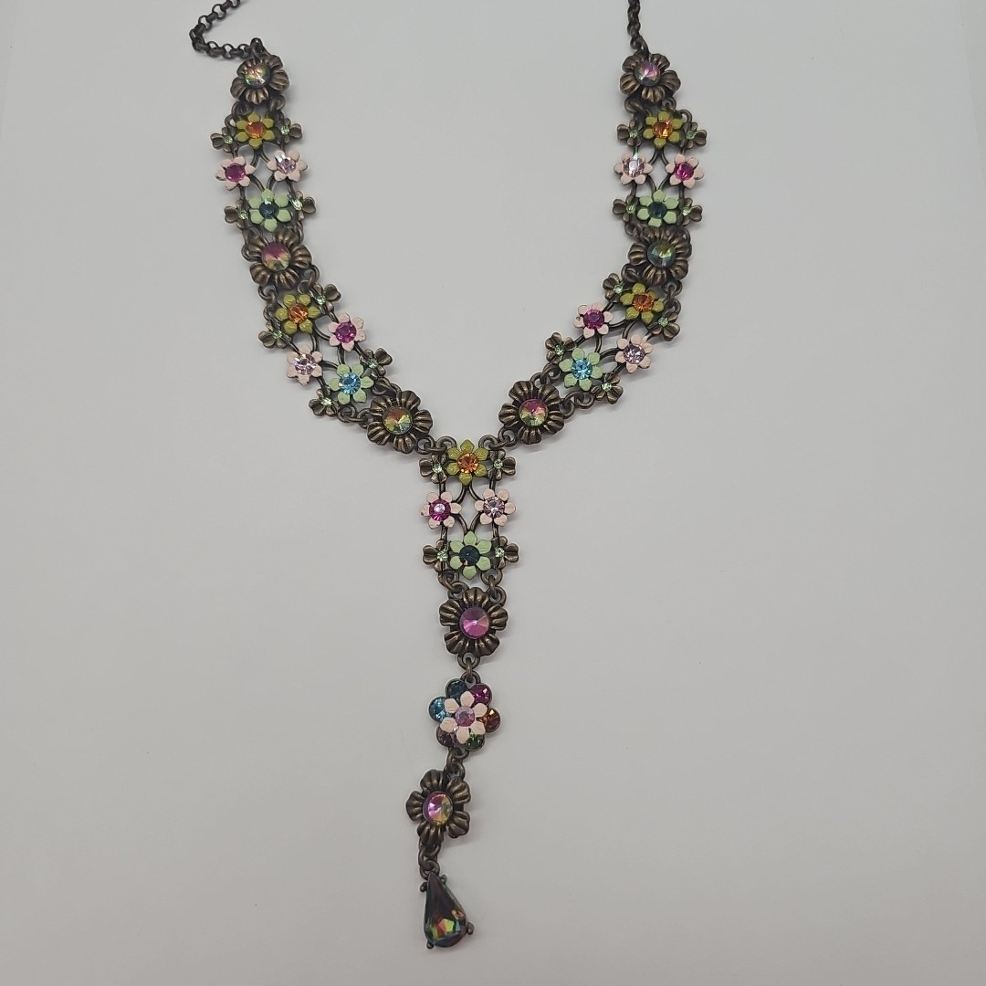 Vintage Michal Negrin Drop Style Necklace Brass Rhinestones Floral Flower Design