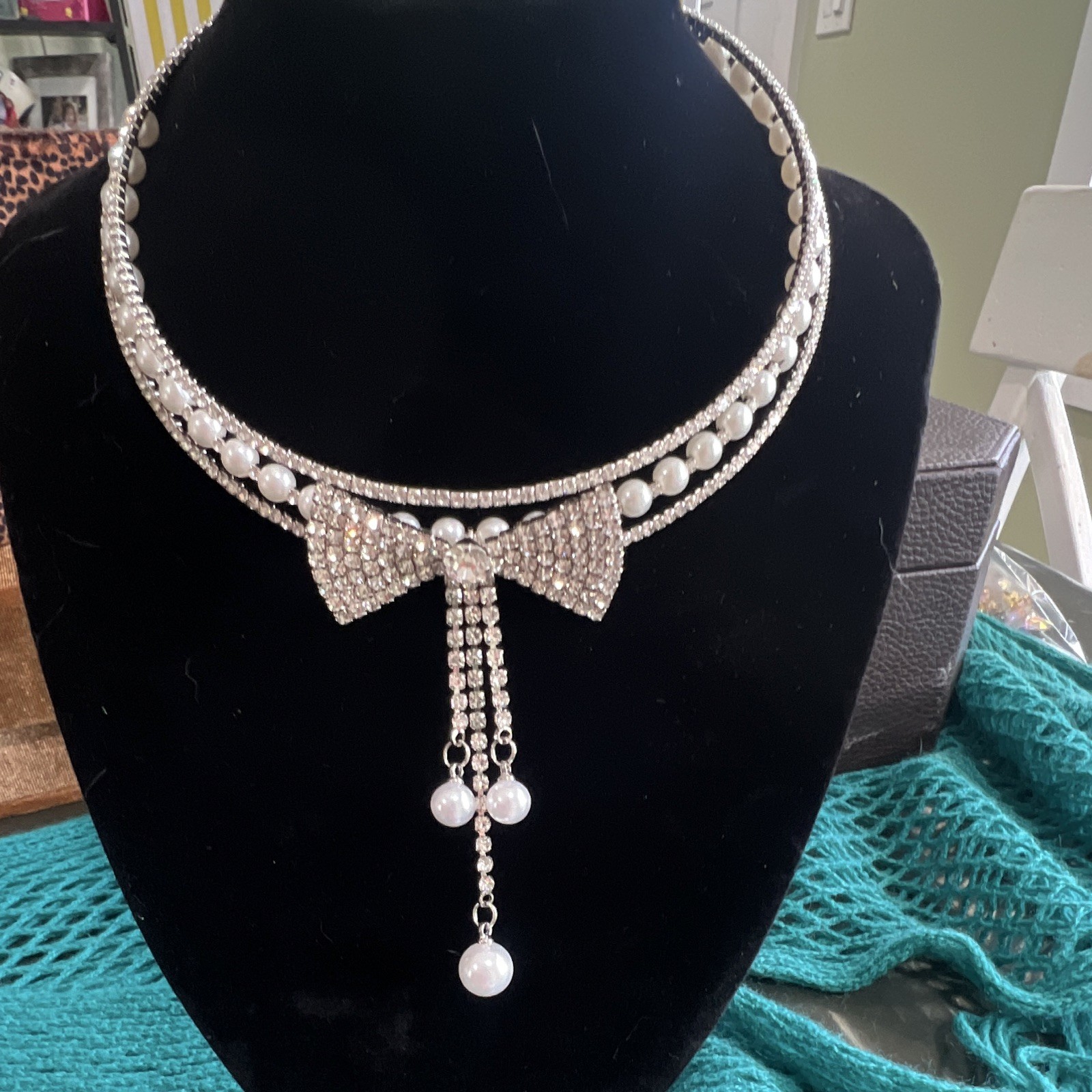 Rhinestone & Faux Pearl Bow Charm Choker Necklace, Silver Tone, Lobster Clasp