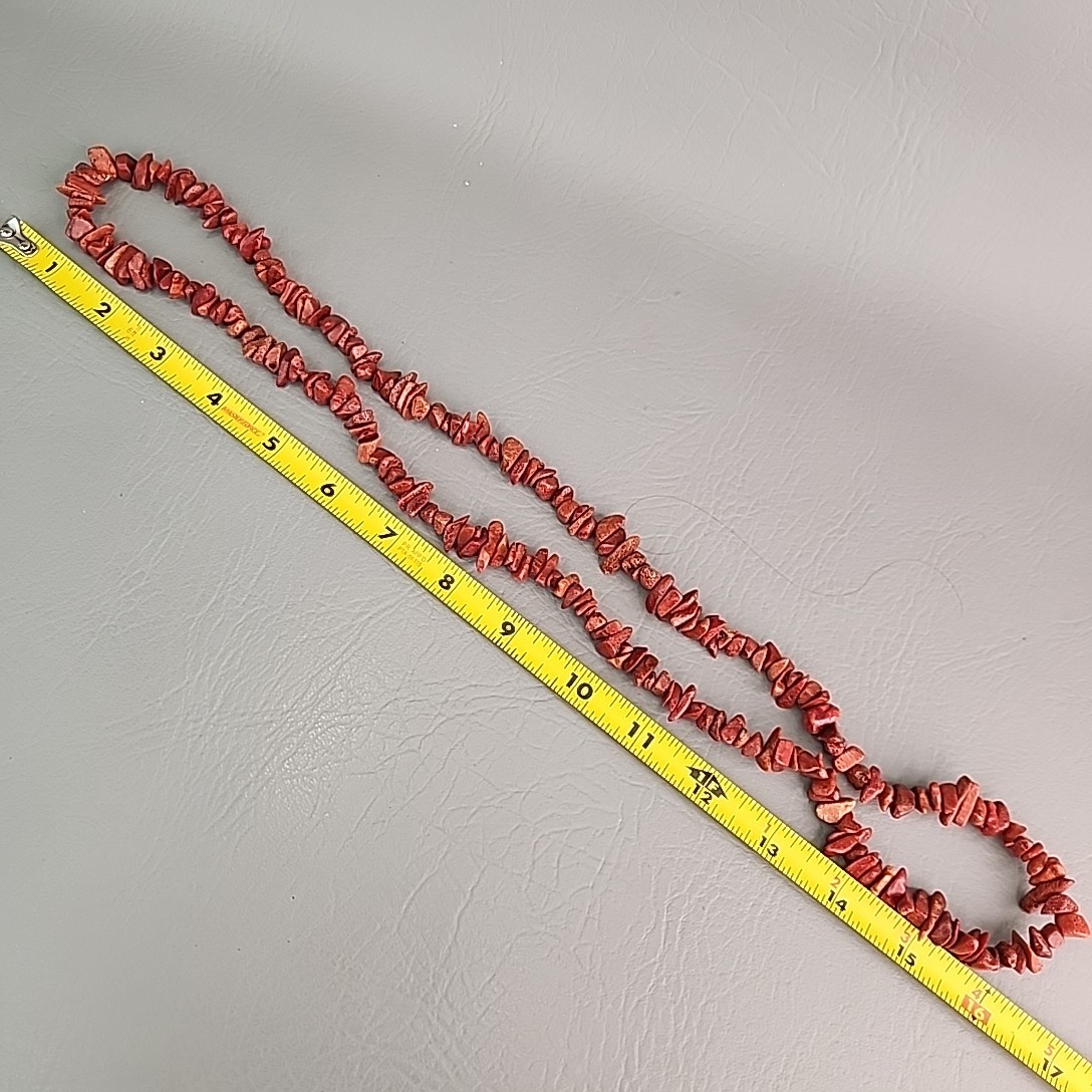 Red Dyed Coral Beaded Necklace Nugget Beach Sea Life 34″