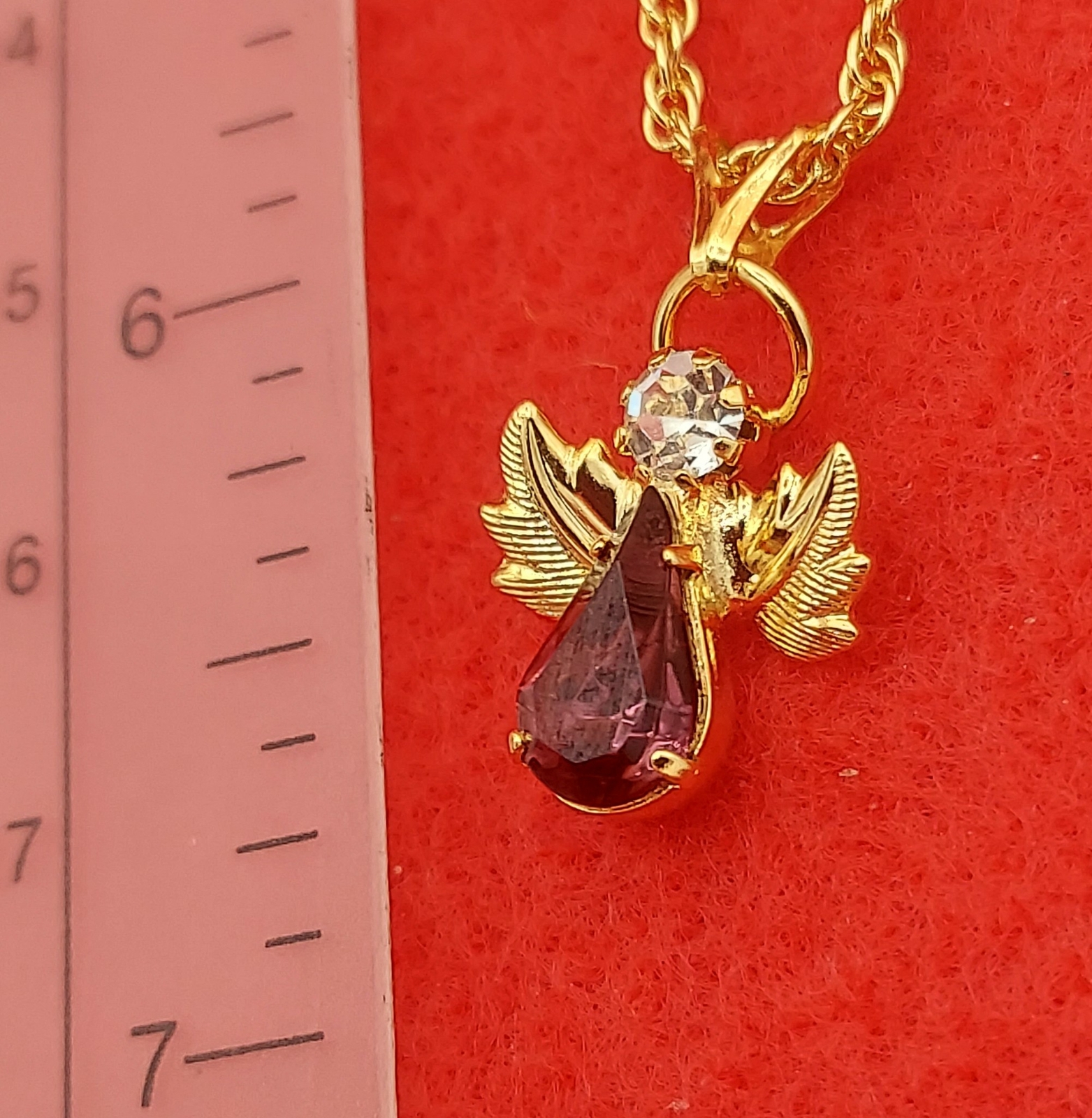 14 KT GOLD EP BIRTHSTONE FEBRUARY PURPLE CRYSTAL ANGEL CHARM W/18″ ROPE CHAIN
