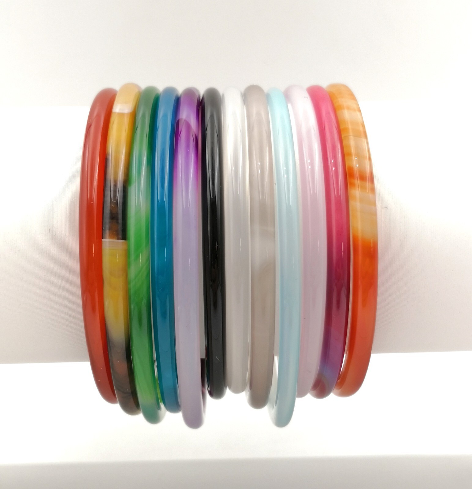 Green Multicolor Natural Chalcedony Agate Jade Thin Round Women Bangle Bracelet