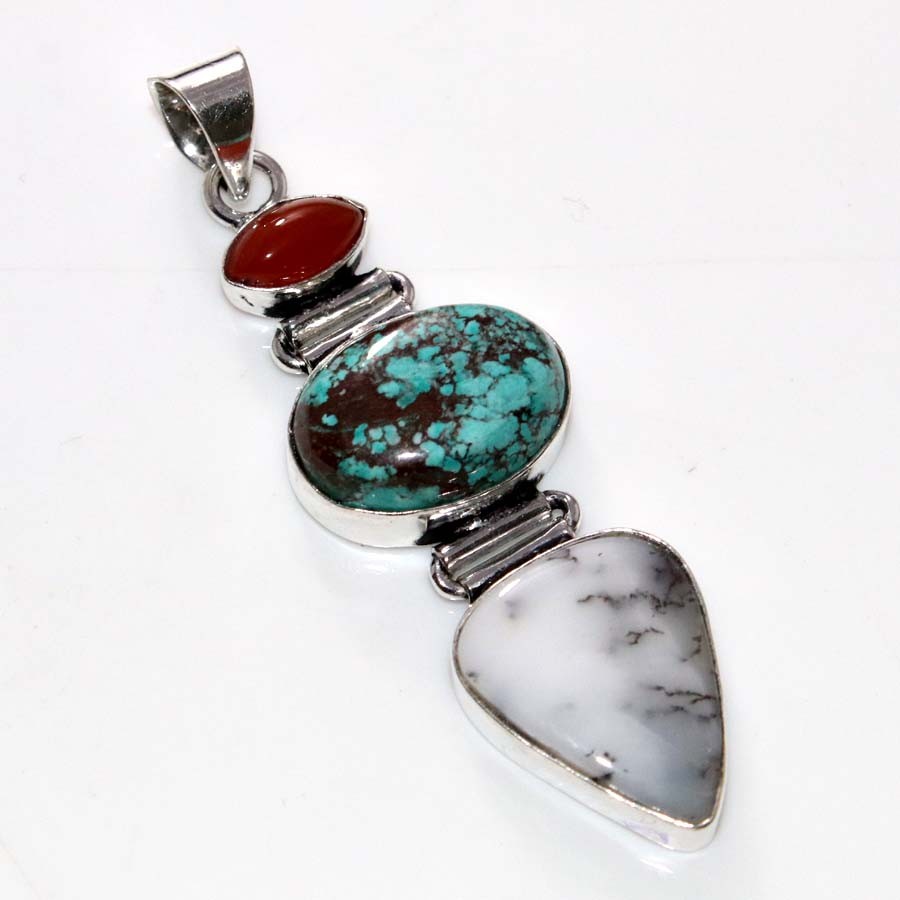 925 Silver Plated Long New Lander Turquoise Dendritic Opal Pendant 2.4″ MJ