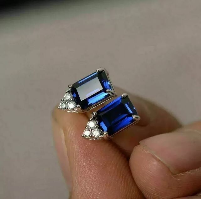 2Ct Emerald Cut Lab Created Sapphire Diamond Stud Earring 14K White Gold Plated
