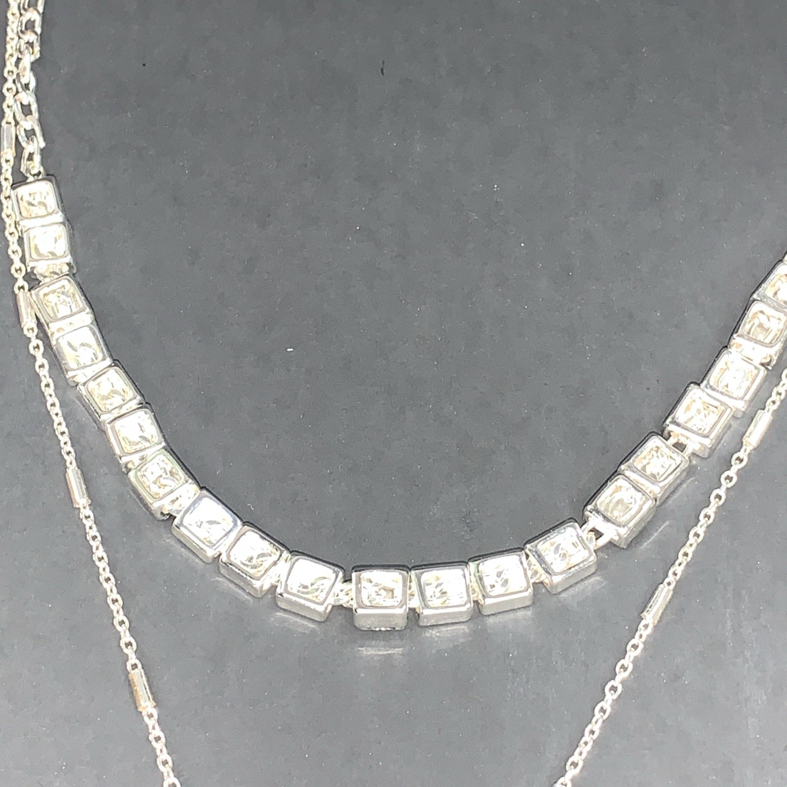 9West Crystal Square Links & Vertical Bar Pendant Layered Necklace Silver Tone