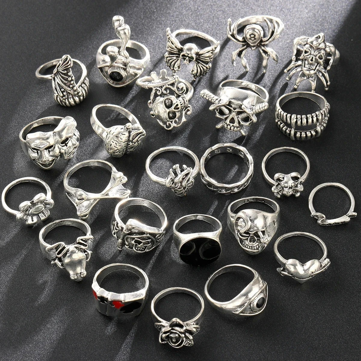 24pcs Gothic Skeleton Ring Set Punk Grunge Unisex Street Jewelry Gift – NEW